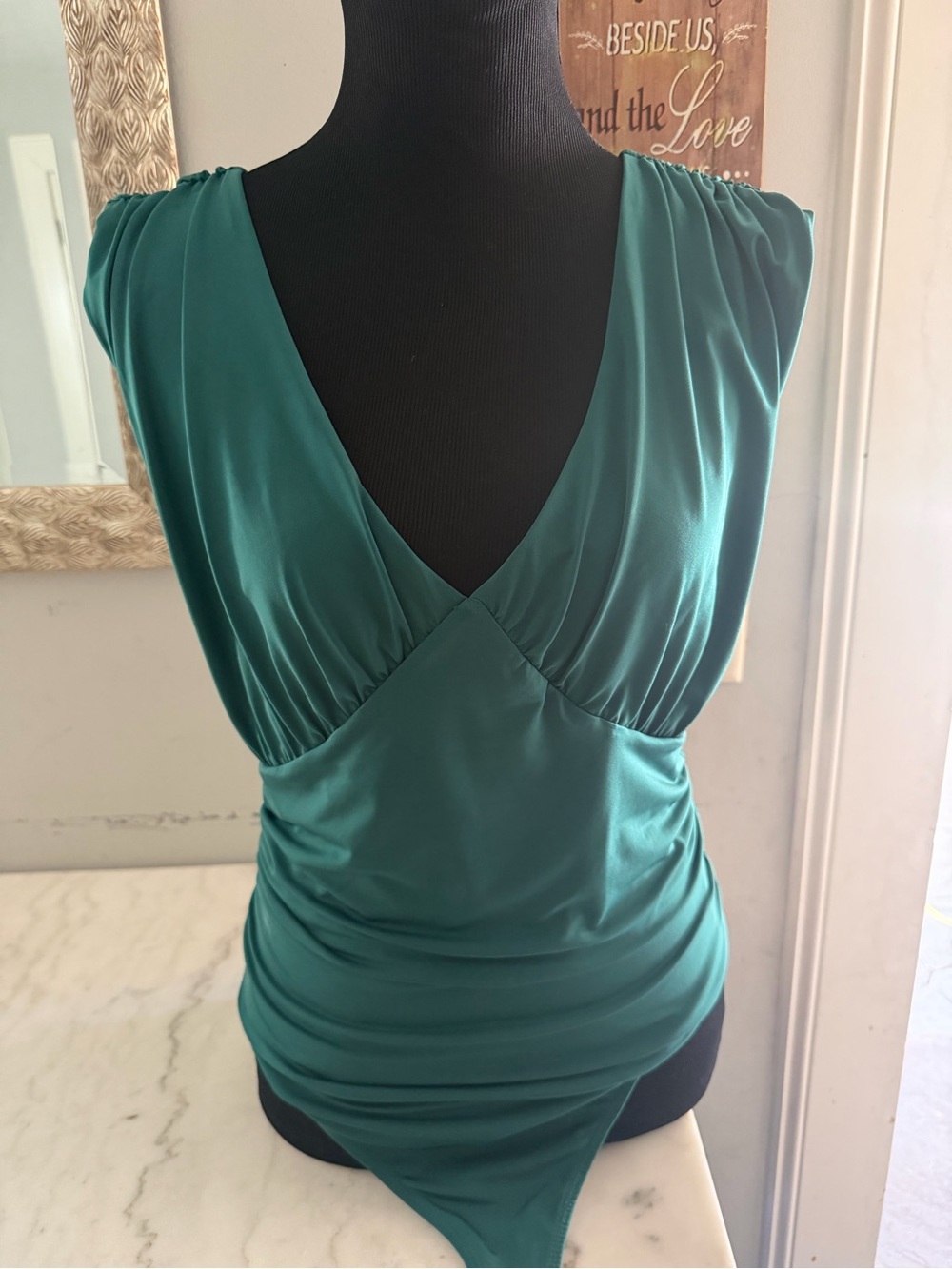 Express Deep V Ruched Bodysuit - Teal Green